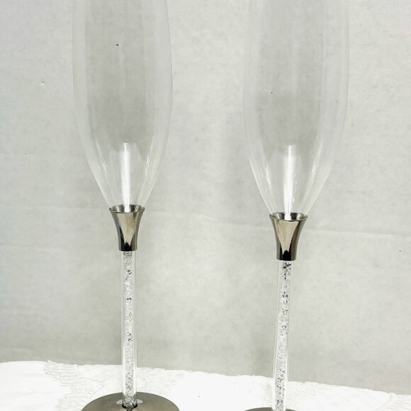 Champagne Toasting Flutes Wine Glass HBH Stemwear Glittering Beads - Set of 2 - Picture 10 of 14
